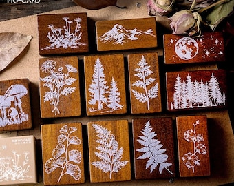 Timbro di legno, foresta - scrapbooking, timbro di legno, piante, cespuglio, ginkgo, luna