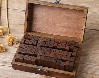 Stamp set, lowercase and uppercase letters, numbers and special characters, 70 pieces - wooden box stamp set