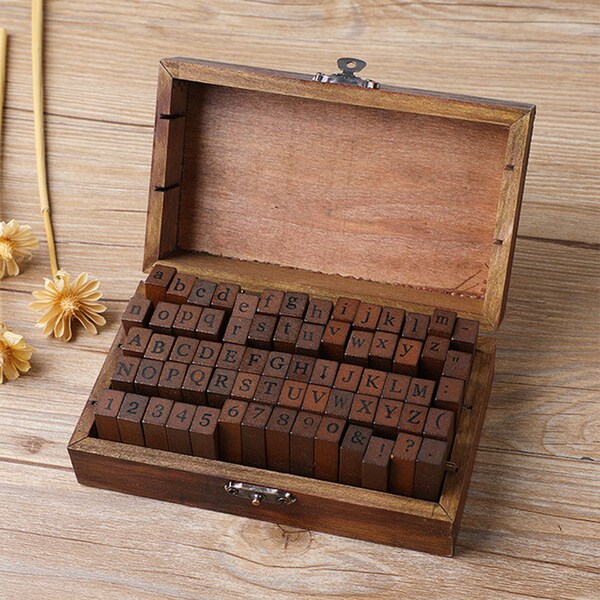 Stamp set, lowercase and uppercase letters, numbers and special characters, 70 pieces - wooden box stamp set