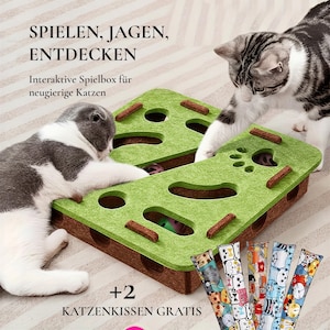 Könnte beinhalten: Zwei Katzen spielen mit einem grünen und braunen Katzenspielzeug. Das Spielzeug hat Löcher und Holzakzente. Der Text oben lautet "SPIELEN, JAGEN, ENTDECKEN" und "Interaktive Spielbox für neugierige Katzen". Das Bild enthält auch Katzenminze-Spielzeuge.