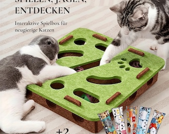 Interaktives Katzenspielzeug – Spielbox für Katzen mit Pfotenlöchern & Glöckchenbällen, Filz, Grün/Beige | inkl. 2 Katzenkissen
