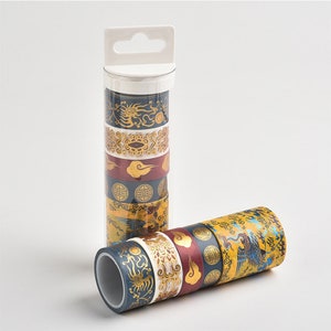 Zestaw 5 taśm washi, Azja, ze złotą folią - taśma washi, taśma maskująca, scrapbooking, artykuły papiernicze, dziennik, pamiętnik, taśma dekoracyjna