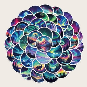 Kleurrijke noorderlichtstickers – 50 Aurora-motieven | Vinyl, Ø 5 cm, waterbestendig, zelfklevend, natuurmotieven voor doe-het-zelf en decoratie