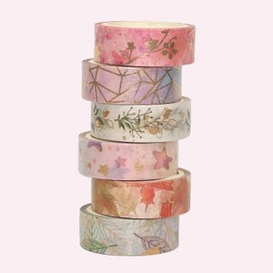 Set di nastri washi floreali – 6 rotoli con lamina dorata | 1,5 cm di larghezza, 5 m di lunghezza, nastro decorativo per scrapbooking, planner e progetti fai da te