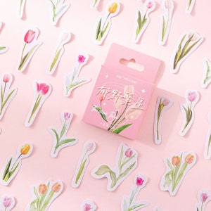 Sticker, Tulp, 45 mini stickers – stickers, briefpapier, dagboek, dagboek, fotoalbum, plant, bloem, tulp