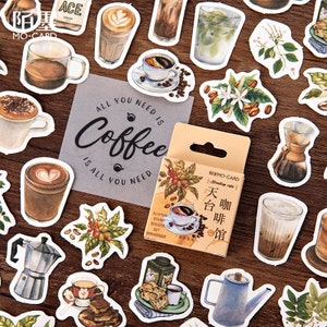 Sticker, Coffee, 45 mini stickers - stickers, decals, stationery, journal, diary, photo album, coffee plant, coffee bean, coffee
