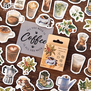 Sticker, Koffie, 45 mini stickers – stickers, briefpapier, dagboek, dagboek, fotoalbum, koffieplant, koffieboon, koffie