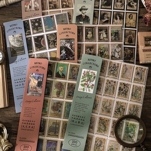 100 adesivi con timbri retrò, con lamina d'oro - Scrapbooking, cancelleria, diario, diario, articoli di carta
