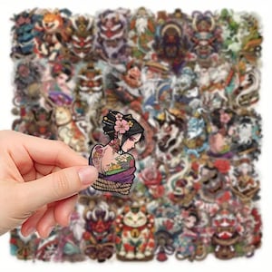 Japanische Tattoo Sticker – 50 transparente Motive | PET, 4–6 cm, wasserfest, selbstklebend, Deko für DIY, Schule, Skateboard & Geschenk