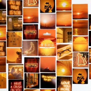 May include: A set of 30 sunset-themed stickers featuring various designs, including a crescent moon, sunglasses, palm trees, and text that reads "All We Have Is Now", "Stay Real", "Love You More", "I Have A Crush On You", and "Be A Better You For You".