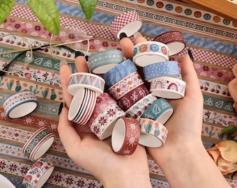 カラフルなボヘミアン和紙テープ – 20ロール紙テープセット | 2m x 1.5cm、装飾用、粘着式、日記、プランナー、DIY、スクラップブッキングに