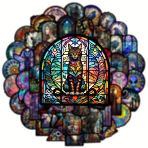 Gothic Buntglas Sticker – 50 Motive | Mattes Vinyl, 4–6 cm, selbstklebend, lebhafte Tier- und Naturdesigns für Laptop, DIY & Deko