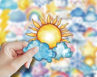 Watercolor Weather Sticker Set – 50 Transparent Sky Motif Stickers