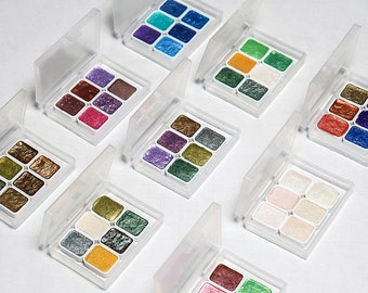 Wasserfarben-Set Metallisch & Glitzer, 6er-Set 1/4 Näpfchen - Perlmutt Aquarellkästen, Aquarellfarben, Wasserfarbe, Kunst und Malen