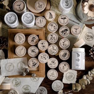 Stamp Set of 3 – SELLOFF -50% | 3 round wooden stamps – plants, cotton, flowers, and mushrooms, scrapbooking, journaling, DIY