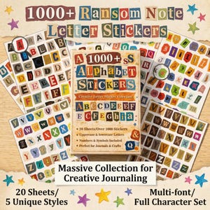 Könnte beinhalten: Eine Sammlung von über 1000 Erpresserbrief-Buchstabenaufklebern in verschiedenen Schriftarten und Farben auf 20 Bögen. Die zentrale Verpackung zeigt den Text 1000+ ALPHABET STICKERS, Creative Letter Sticker Colection, inklusive Groß- und Kleinbuchstaben, Zahlen und Symbolen.