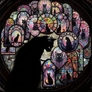 Stickers met zwarte katten in glas-in-lood - 50 ontwerpen | Mat vinyl, 4-6 cm, zelfklevend, zwarte katten in glas-in-loodstijl, stickers, doe-het-zelf en decoratie