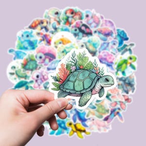 Autocollants tortues – 50 modèles | Autocollants en vinyle imperméables et colorés, motif dessin animé, 4 à 6 cm, pour enfants, bricolage, ordinateur portable, valise, bouteille d'eau