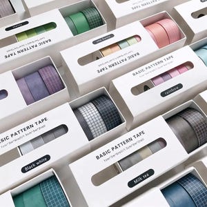 Washi Tape Set, 8 Rolls, Pure Color & Grid – Washi and Masking Tape, Scrapbooking, Stationery, Journal, Diary, Decorative Tape