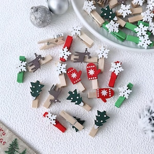 Mini wooden Christmas clips – set of 12 | 6 festive motifs, 2 clips each, wooden clips for Christmas trees, photo clips, DIY & party decorations
