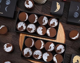 Moon Phases Wooden Stamp Set – 8 Round Designs | Moon Stamps for Journaling, Scrapbooking & DIY