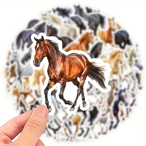 Könnte beinhalten: Eine Sammlung von Pferdeaufklebern. Der Hauptaufkleber zeigt ein braunes Pferd im Galopp mit schwarzer Mähne und Schweif. Andere Aufkleber im Hintergrund zeigen Pferde in verschiedenen Farben und Posen, was ein dynamisches Design ergibt.