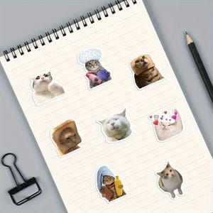 Op de afbeelding: Een verzameling van negen stickers met katten als thema op een gelijnd notitieblok. De stickers bevatten verschillende kattenillustraties, waaronder katten met hoeden, in handdoeken gewikkeld en omringd door harten. De stickers zijn in verschillende kleuren en poses.