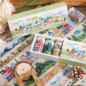 Zestaw taśm podróżnych Washi – 20 rolek z motywami krajobrazowymi | 2 m długości, 1–6 cm szerokości, taśma Washi, taśma dekoracyjna do scrapbookingu, planerów i projektów DIY