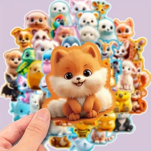Süße Cartoon Tiere Sticker – 50 Motive im 3D Look | Vinyl, Wasserfest, ca. 5 cm, Kawaii, Geschenkidee, Deko für Handy, Laptop, Journal