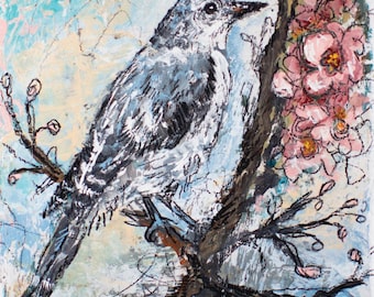 Mockingbird with Pink Flowers (Print)