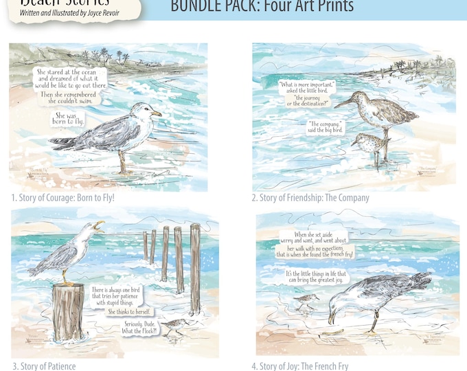 Featured listing image: Beach Stories Seagull Sandpiper Art Prints | Coastal Watercolor Illustrations (Set of 4)