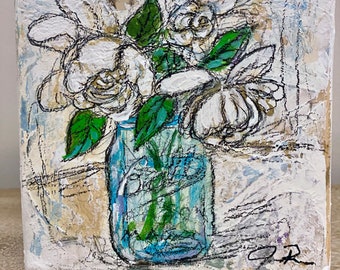 Gardenia Acrylic Painting on Weathered Wood Block