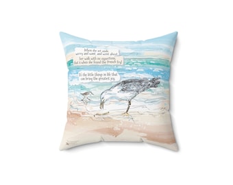 Spun Polyester Square Pillow: Seagull finds French fry on beach, watercolor style coastal decor