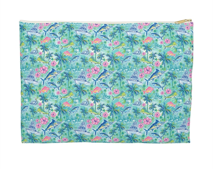 Featured listing image: Fishing Boat Pouch, Mahi Marlin Tuna Palm Trees Coastal Travel Bag