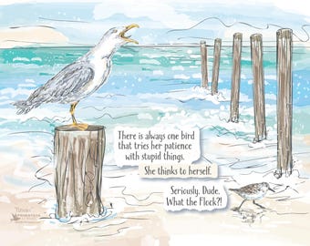 Story of Patience: Noisy Seagull running off a sandpiper, funny quote advice for dealing with annoying others, coastal decor watercolor