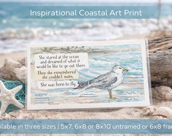 Seagull Beach Art Print: Inspirational Coastal Wall Art, Born to Fly Watercolor Illustration