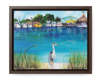 Heron and Harbor: Framed Canvas Print