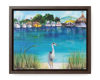 Heron and Harbor: Framed Canvas Print