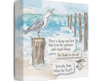 Canvas print: Seagull annoys sandpiper bird on beach, watercolor style wall art