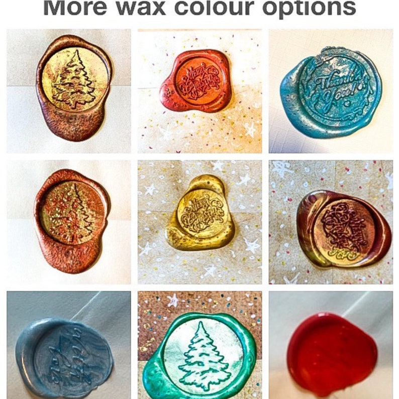 May include: Nine wax seals in various colors, including gold, red, and blue. Some seals feature a Christmas tree design, while others have the text "Merry Christmas" or "Thank You!" The text "More wax colour options" is at the top.