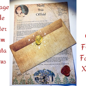 May include: A vintage-style letter from Santa Claus, written on aged paper with a gold wax seal. The letter is addressed to a child and includes a handwritten message from Santa Claus. The letter is accompanied by a brown envelope with a gold reindeer wax seal.
