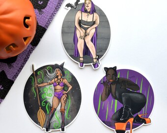 3 Pack Halloween Babes Stickers / Witch Vampire Black Cat Stickers / Spooky Stripper Stickers