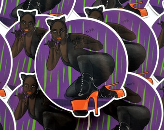 Black Cat Babe Halloween Sticker / Black Girl Pole Dancer Sticker / Sexy Spooky Stripper Sticker