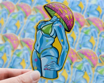 Mushroom Babe Sticker / Psychedelic Shroom Feminist Stickers / Bikini Curvy Girl Sticker