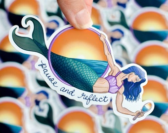 Lyra Mermaid, Pause and Reflect Mantra Sticker / Aerial Hoop Siren Sticker / Aerial Fitness Sticker