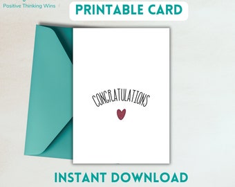 Printable Card, Congratulations, Illustrated heart, Well done,  Minimal,  Gift for her, him, 5 x 7 inch, Digital, Instant,  Download, PDF