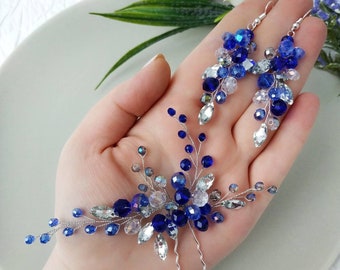 Mother of the bride blue  hair pin. Crystal hair pin and beaded earrings