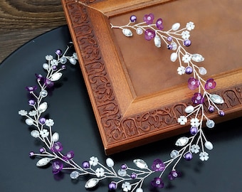 Purple hair piece Purple wedding headband Bridal hair vine
