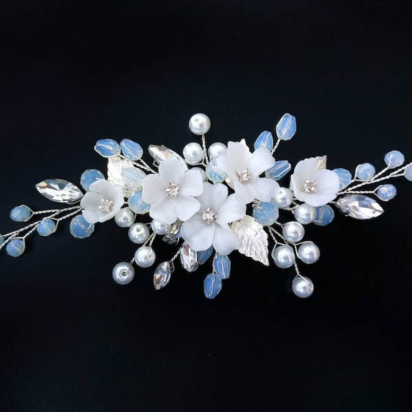 Wedding hair piece floral blue opal
