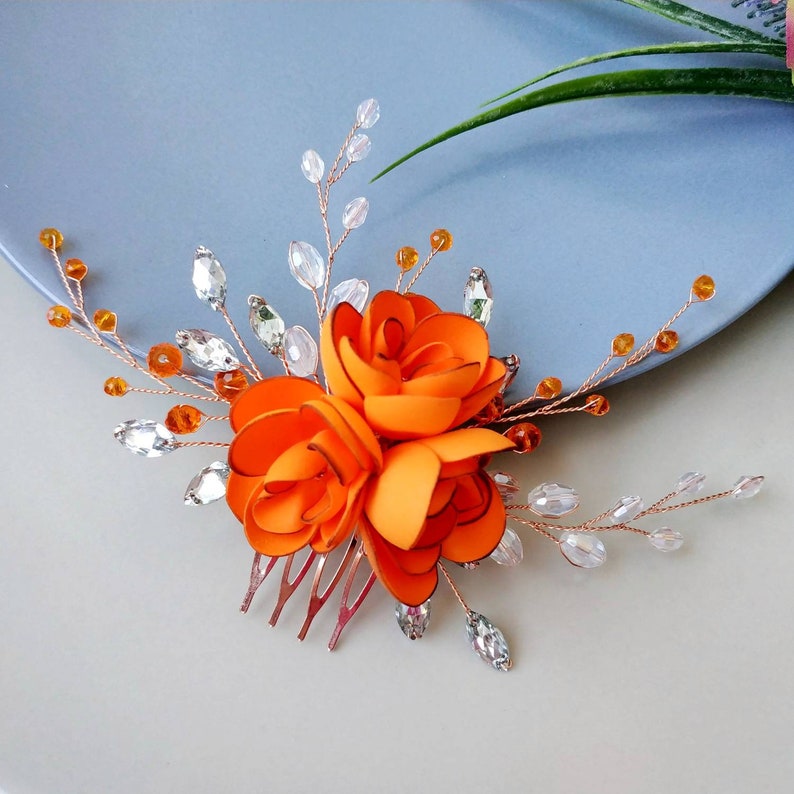 Orange crystal bridal hair piece for brides bridesmaids and flower girls Wedding hair piece